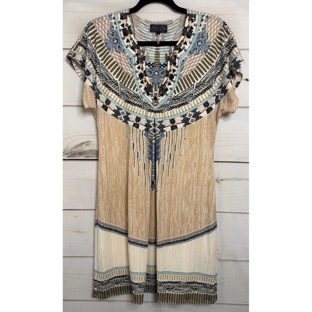 Hale Bob Womens Geometric Tribal Print Embellished V-Neck Dress Tan Size S